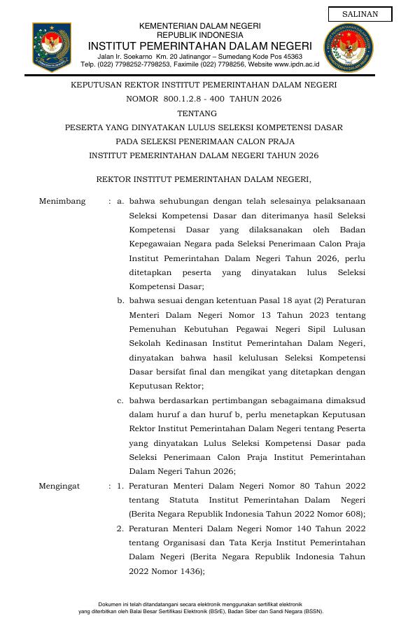 Thumbnail Pengumuman Hasil Seleksi Kompetensi Dasar (SKD) SPCP IPDN Tahun 2026