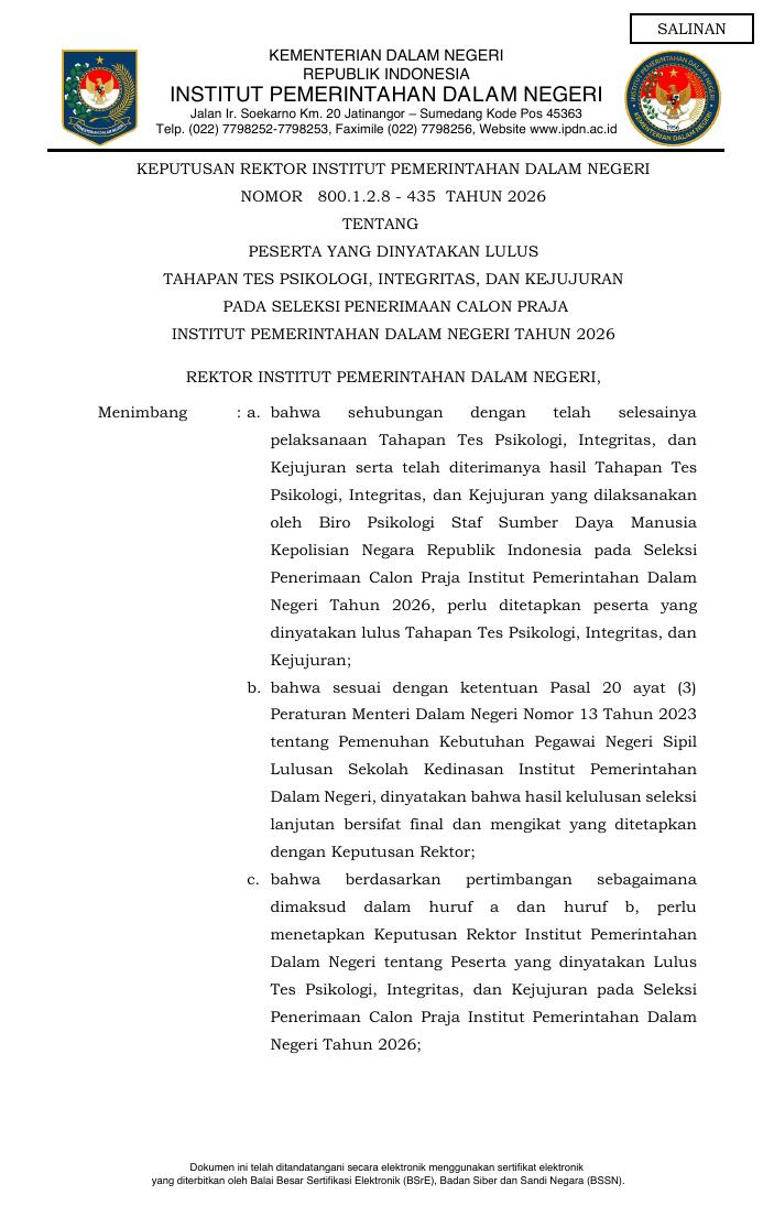 Thumbnail Pengumuman Hasil Tahapan Tes Psikologi, Integritas, dan Kejujuran SPCP IPDN Tahun 2026