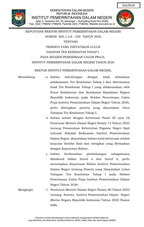 Thumbnail Pengumuman Hasil Tahapan Tes Kesehatan Tahap I SPCP IPDN Tahun 2026