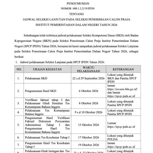 Thumbnail Jadwal Seleksi Lanjutan SPCP IPDN Tahun 2026