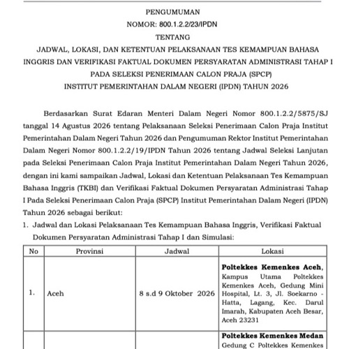 Thumbnail Jadwal, Lokasi & Ketentuan TKBI dan Verifikasi Faktual Tahap I SPCP IPDN Tahun 2026