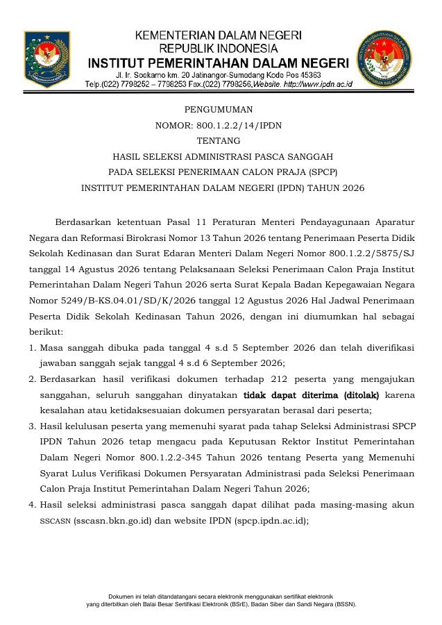 Thumbnail Pengumuman Pasca Sanggah SPCP IPDN 2026