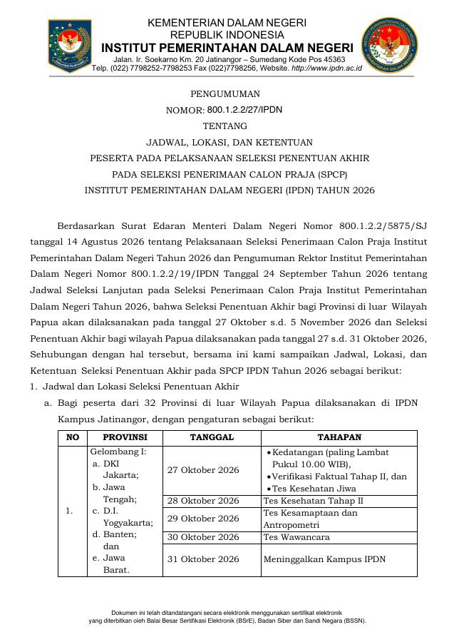 Thumbnail Pengumuman Jadwal, Lokasi, dan Ketentuan Peserta pada Pelaksanaan Seleksi Penentuan Akhir SPCP IPDN Tahun 2026