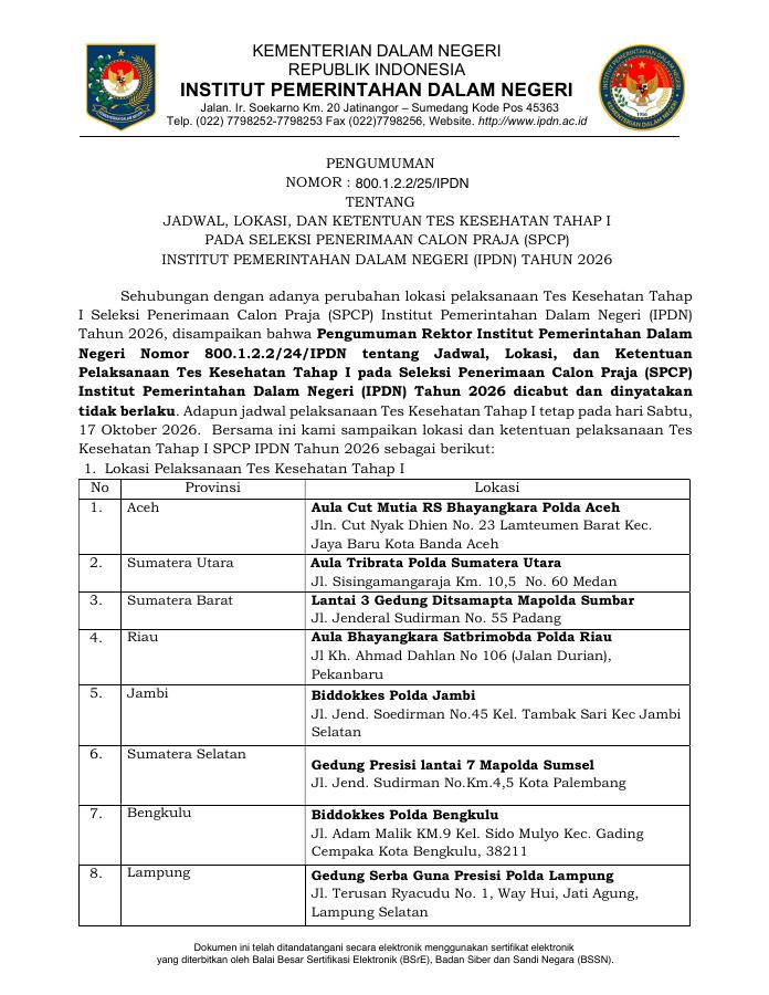 Thumbnail Pengumuman Jadwal, Lokasi dan Ketentuan Tes Kesehatan Tahap I SPCP IPDN Tahun 2026