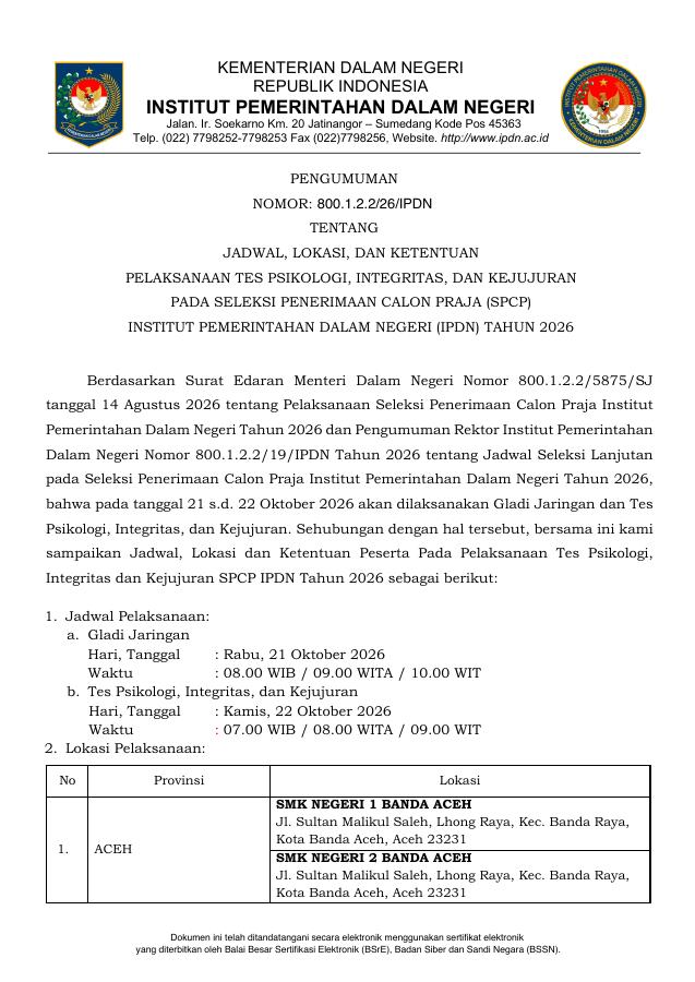 Thumbnail Pengumuman Jadwal, Lokasi dan Ketentuan Pelaksanaan Tes Psikologi, Integritas dan Kejujuran SPCP IPDN Tahun 2026